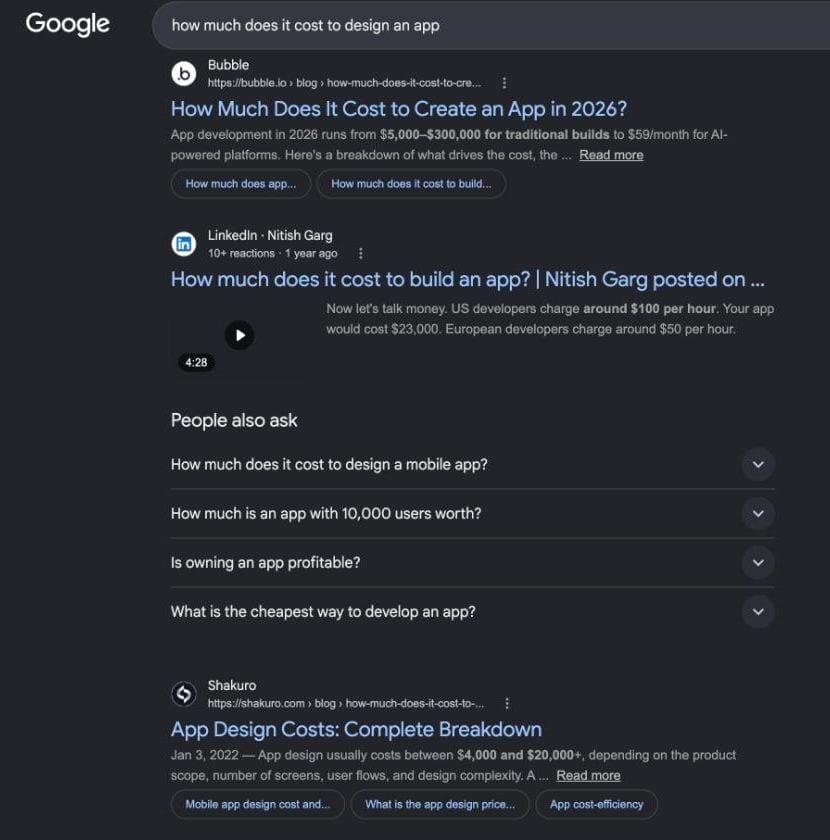 Google People Also Ask box for app design cost, searched from Lebanon