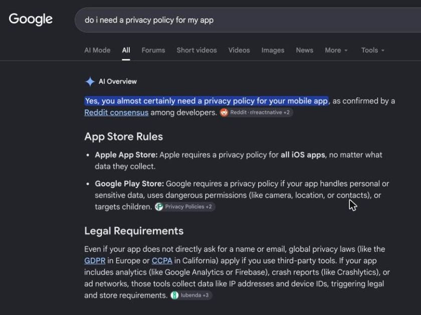 Google results page for do i need a privacy policy for my app, with the AI Overview describing Apple and Google rules