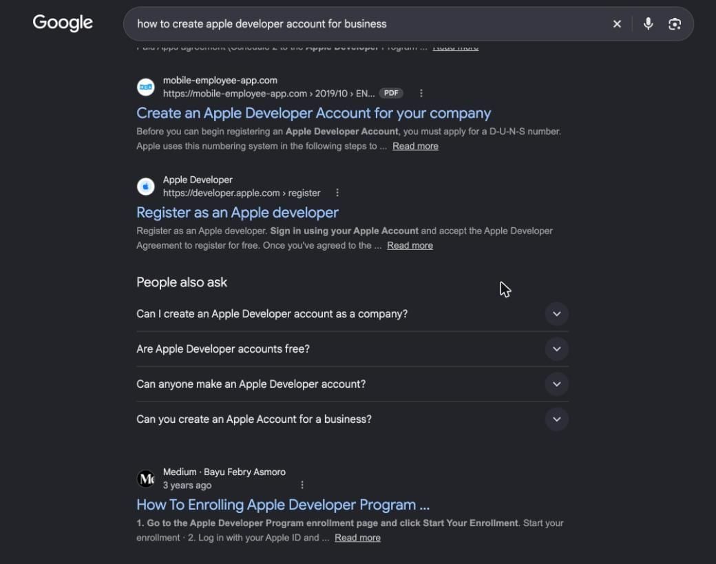 Google results page for how to create an Apple Developer account for a business, with the People Also Ask questions visible