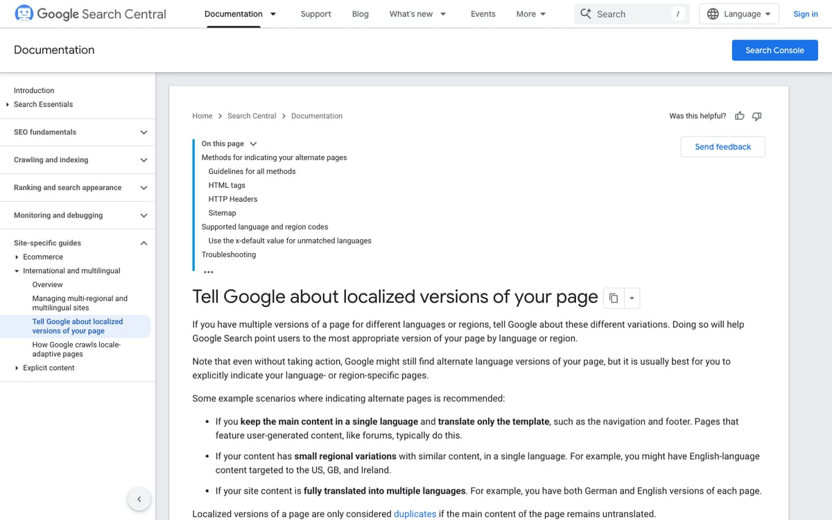 Google Search Central page explaining hreflang rules for localized versions