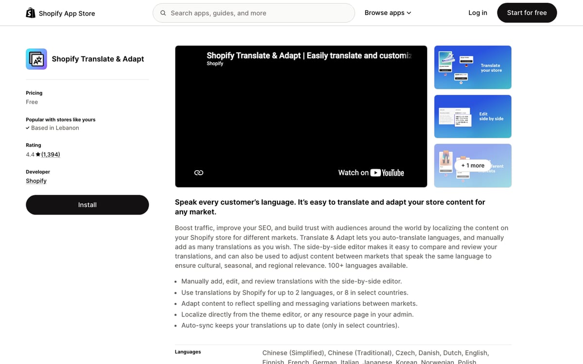Shopify App Store listing for Translate and Adapt showing a free price and machine translation for up to two languages
