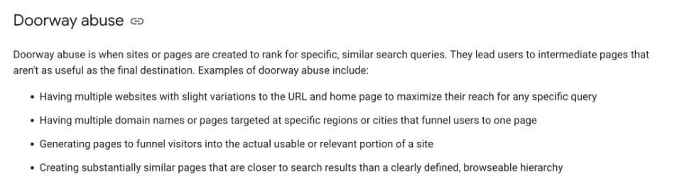 Google Search Central spam policy text listing four examples of doorway abuse