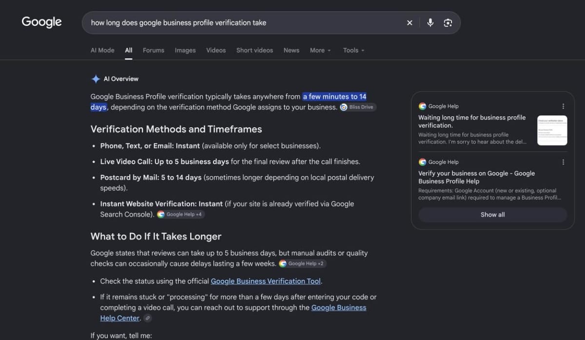 Google results page for how long Google Business Profile verification takes, showing method timeframes