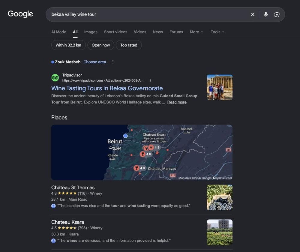 Google results for bekaa valley wine tour from Lebanon, with Tripadvisor first and a Places pack of Bekaa wineries below it