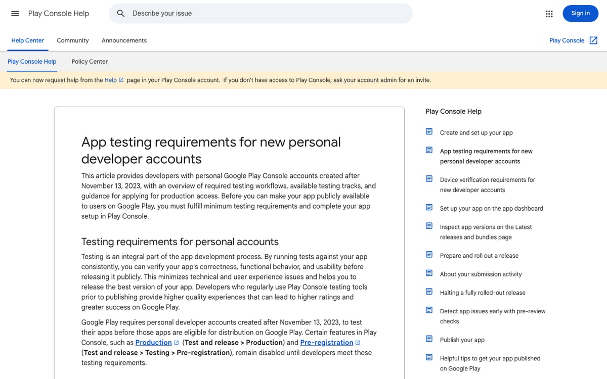 Google Play Console Help page explaining testing requirements for new personal developer accounts