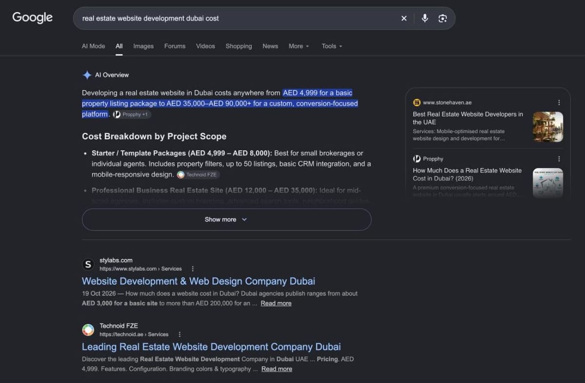 Google results for real estate website development cost in Dubai, with an AI Overview quoting AED ranges