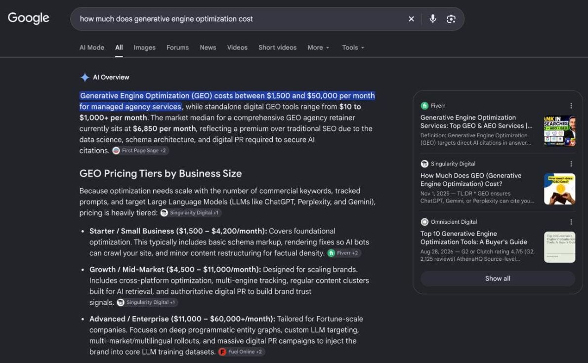 Google AI Overview listing GEO agency price tiers for a search made from Lebanon