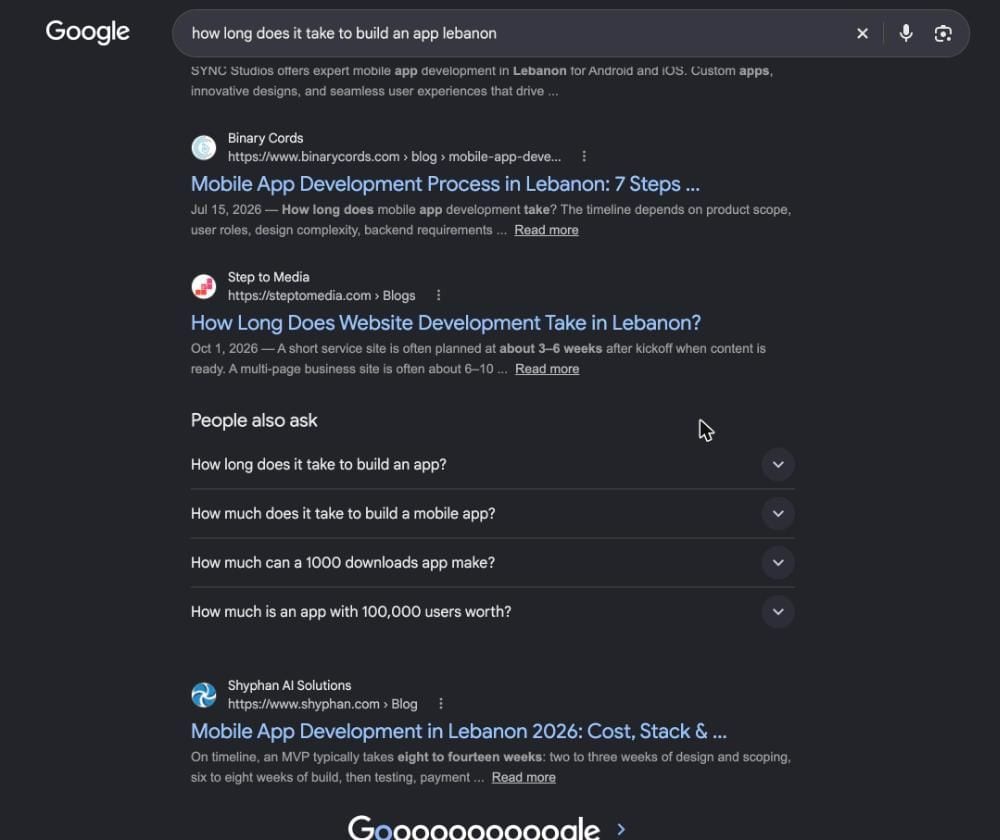 Google results page for how long it takes to build an app in Lebanon, with People Also Ask questions visible