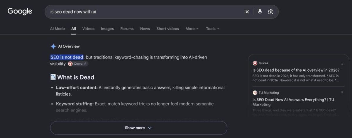 Google results for is seo dead now with ai, with an AI Overview above every organic link