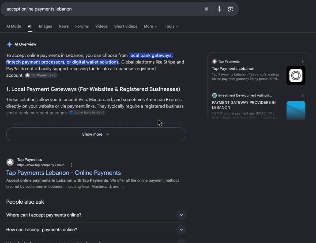 نتائج Google لعبارة accept online payments lebanon مع ملخص يقول إن Stripe وPayPal لا تدعمان الحسابات اللبنانية