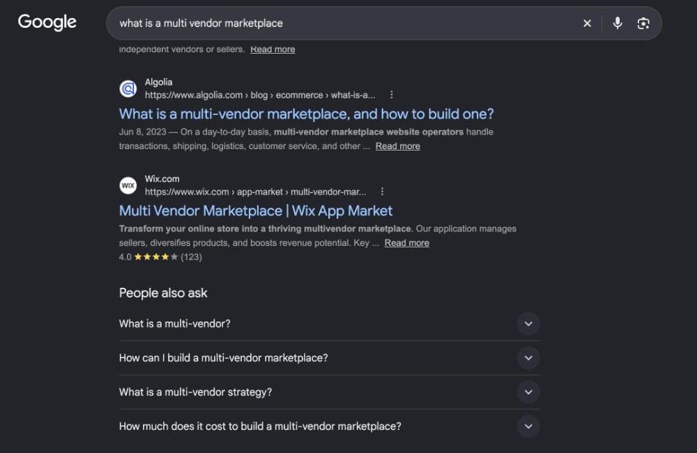 Google People Also Ask box on building a multi-vendor marketplace