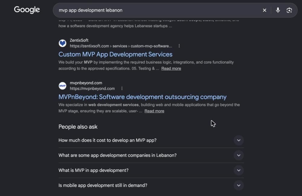 Google results page for mvp app development lebanon showing the People Also Ask box with four questions