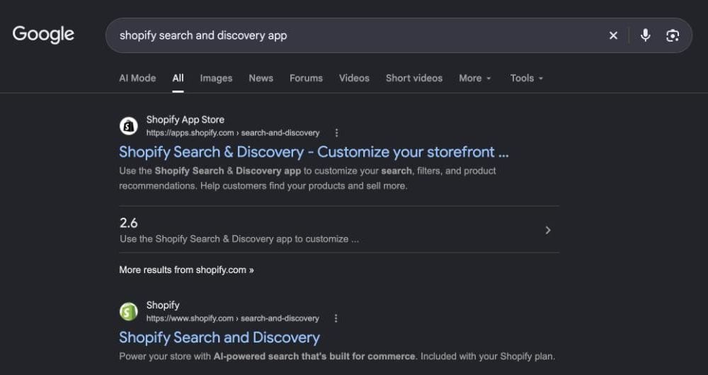 Google results for shopify search and discovery app, showing the Shopify App Store listing with a 2.6 rating