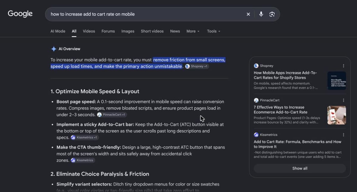 Google AI Overview on raising mobile add to cart rate, led by speed and a sticky button