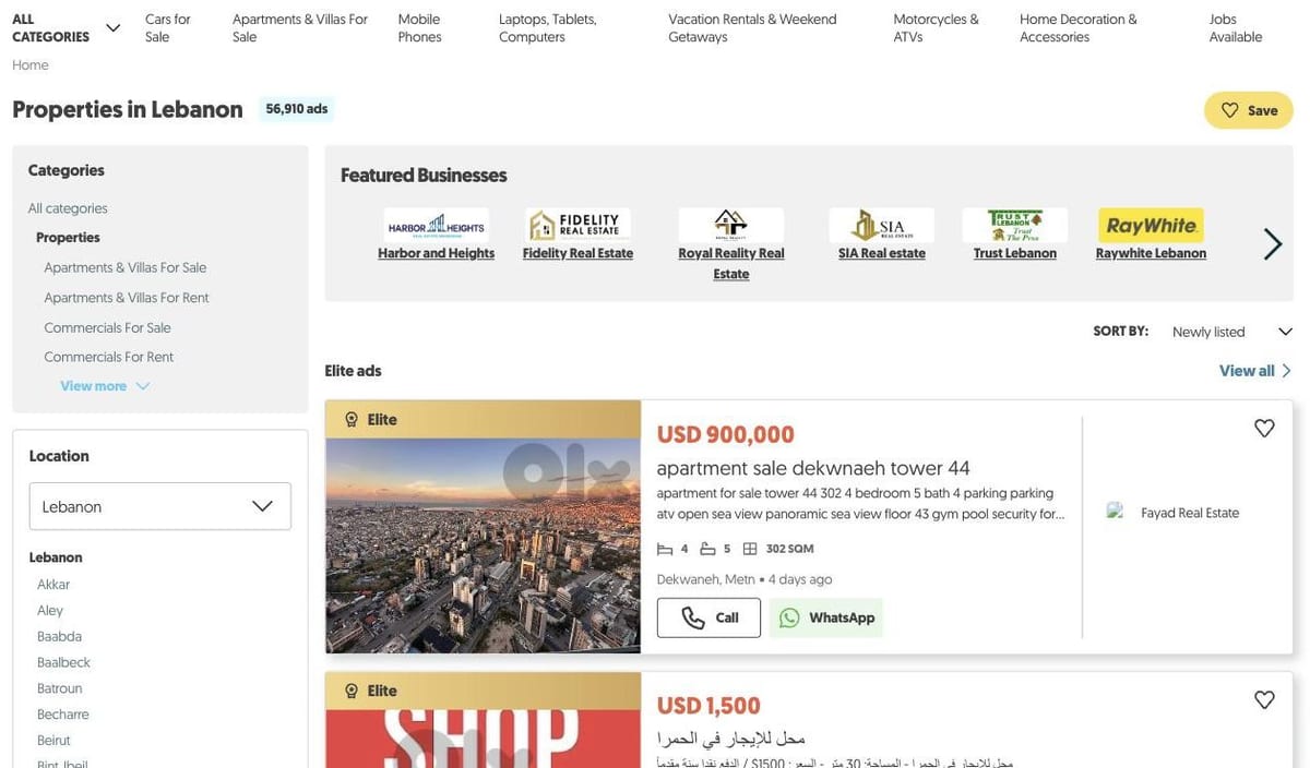OLX Lebanon properties category with 56,910 ads, Featured Businesses and paid Elite ads