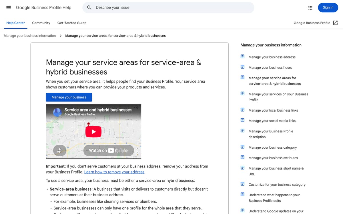 Google Business Profile help page on service areas