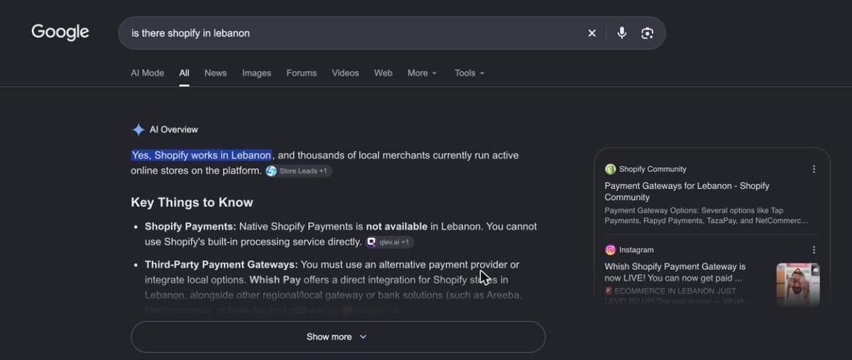 نتائج Google لعبارة is there shopify in lebanon مع ملخص يقول إن Shopify يعمل في لبنان وإن Shopify Payments غير متاحة