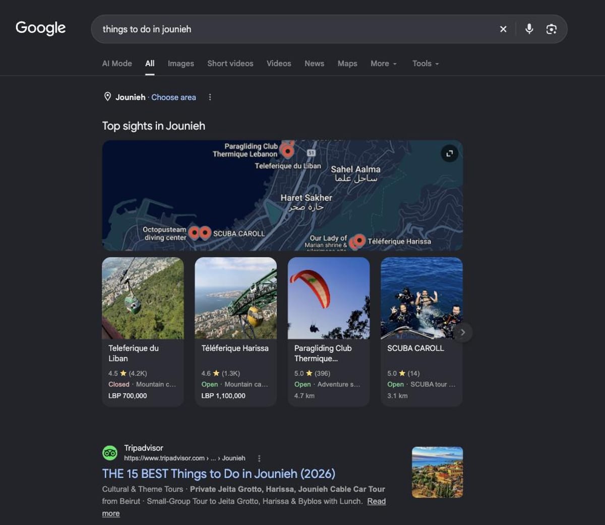 Google results for things to do in Jounieh