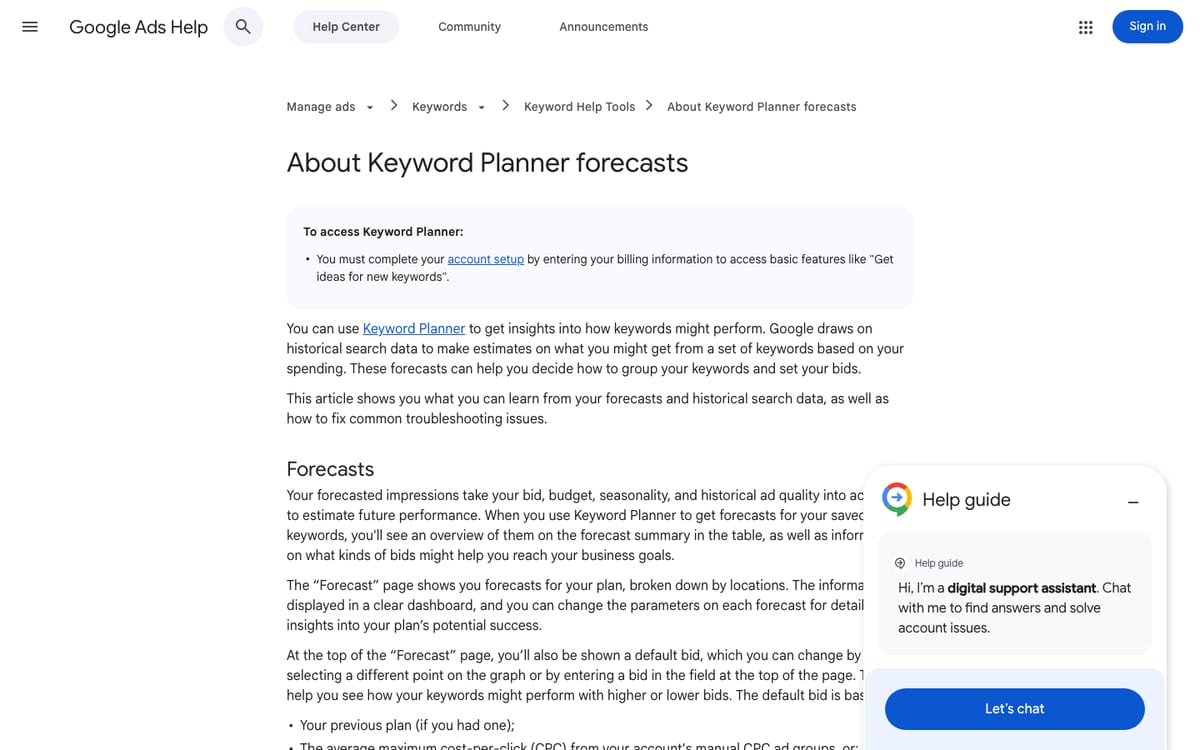 Google Ads Help page stating that Keyword Planner access requires completing account setup with billing information