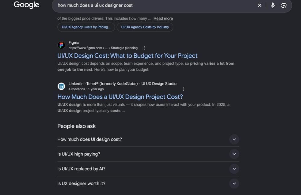 Google results page with a People Also Ask box on UI/UX designer cost