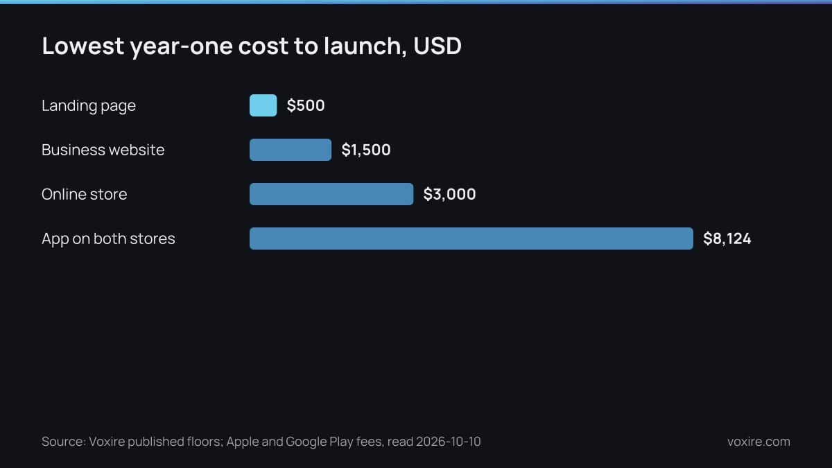 Bar chart comparing the lowest year-one cost of a landing page, a business website, an online store and an app on both stores